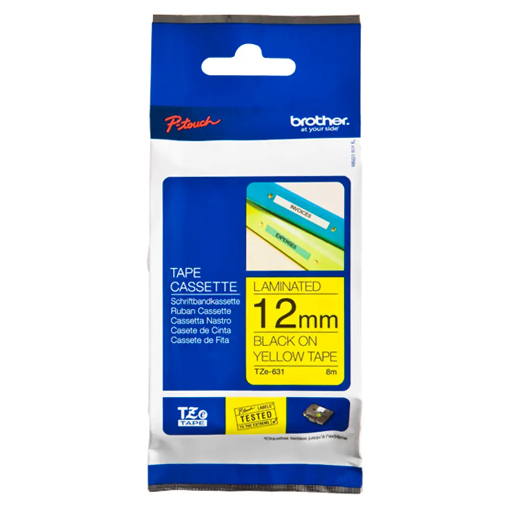Cinta Brother TZE631 negro sobre amarillo para GL100 PT1000 PT1000Bm PT1010 12mmX8m